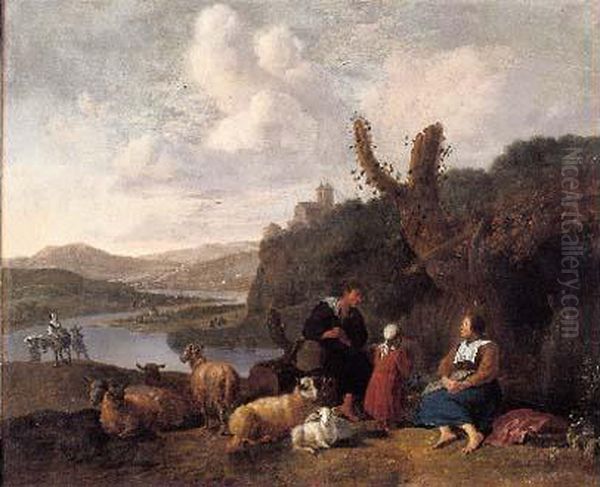 Paysage Avec Une Famille De Paysans Et Son Troupeau Oil Painting by Martinus De La Court