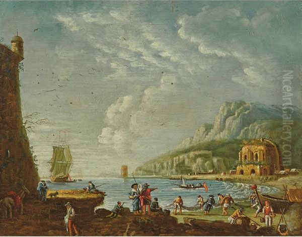 Veduta Costiera Con Figure E Veliero Oil Painting by Pieter Frederik De La Croix