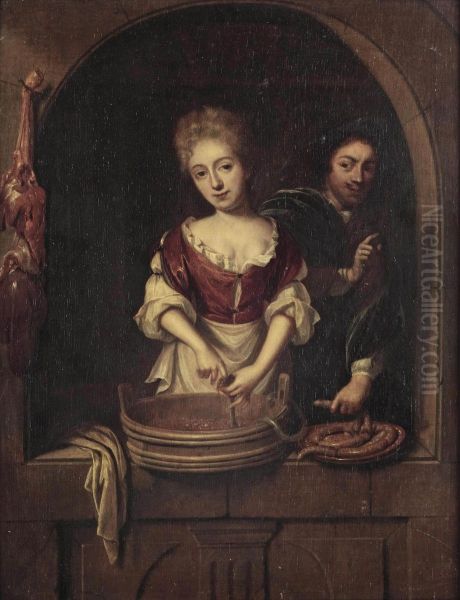 A Maid Preparing Sausages With A Young Man Oil Painting by Regnier de La Haye