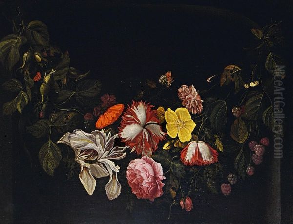 Blumenfeston Mit Haselnussen Und Himbeeren, Schmetterling Und Libelle Oil Painting by Regnier de La Haye