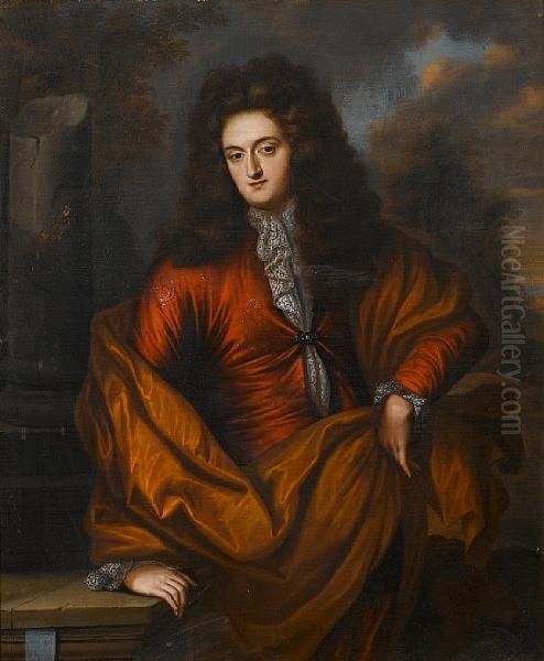 Portrait Of A Gentleman, Three-quarter-length,in A Russet Coat With A Brown Wrap Standing Before A Stonecolumn Oil Painting by Regnier de La Haye