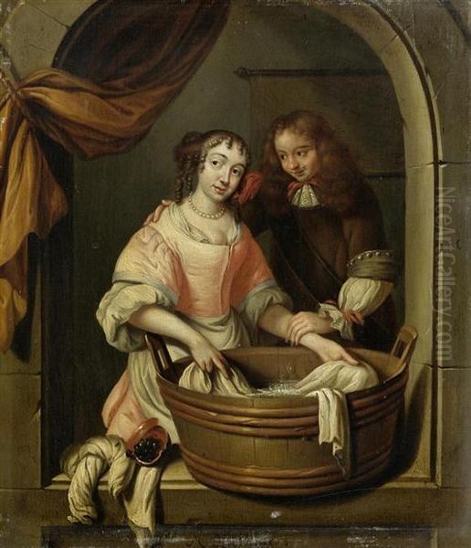 Dienstmagd Beim Waschewaschen Mit Kavalier In Einer Fensternische. Oil Painting by Regnier de La Haye