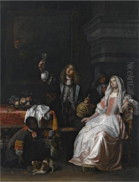 An Elegant Couple Drinking In An Interior, Together With A Servant Offering Biscuits And An Elderly Woman Oil Painting by Regnier de La Haye