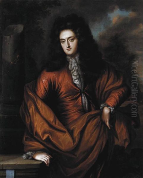 Portrait Of A Gentleman, Half Length, Wearing Red With An Orange Cloak, Standing In A Landscape Oil Painting by Regnier de La Haye