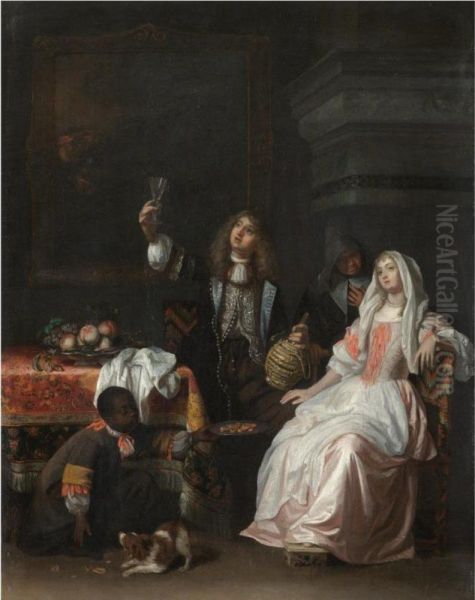 An Elegant Company In An Interior Oil Painting by Regnier de La Haye