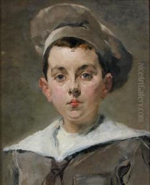 Portrait De Jeune Garcon Au Beret 
 Carton Oil Painting by Jean De La Hoese