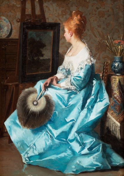 Lady In A Blue Dress Oil Painting by Jean De La Hoese