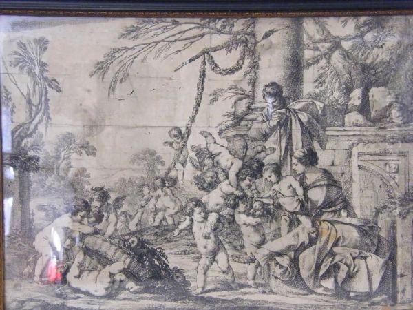 Putti In A Classical Landscape Oil Painting by Laurent De La Hyre