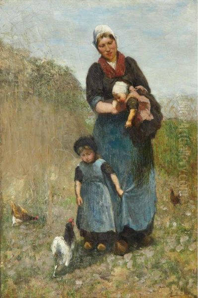 Country Woman With Her Children Oil Painting by David De La Mar