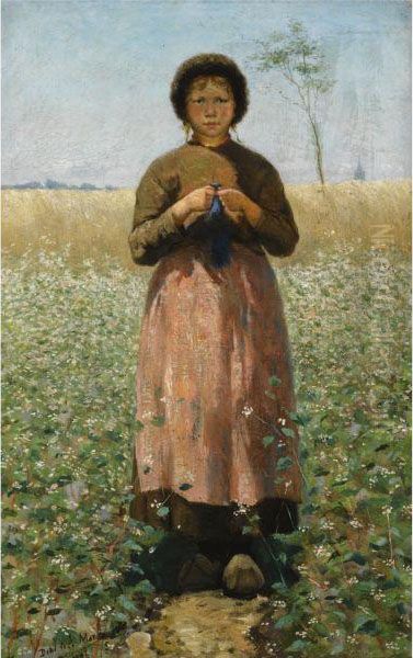 A Peasant Girl In A Field Of Flowers Oil Painting by David De La Mar