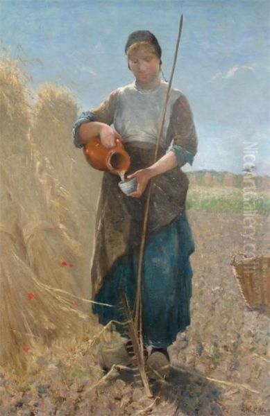 A Young Women In The Fields Pouring Water From A Jug Oil Painting by David De La Mar