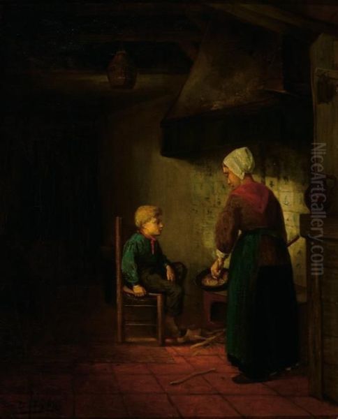 Mother And Child In A Farm Interior Oil Painting by David De La Mar