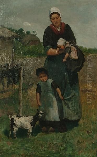 A Young Family With A Goat In A Landscape Oil Painting by David De La Mar