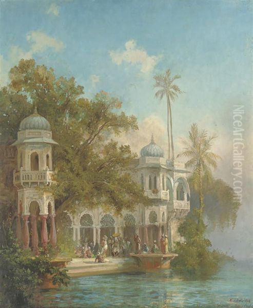 Indian Figures Watching Dancing On A Palace Terrace, Lakepushkar Oil Painting by Cyprien Fr. Hubert De La Michellerie