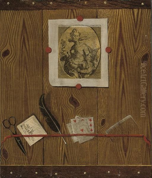 A Trompe L'oeil Of Feathers, Cards And A Comb, With Prints Affixed Oil Painting by Jean-Francois de Le Motte