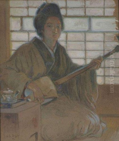 Japonaise Jouant De La Musique Oil Painting by Joseph De La Neziere