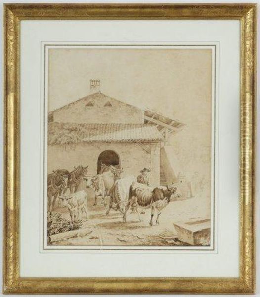 Vaches A La Sortie De L'etable 
Lavis Oil Painting by Pierre Louis De La Rive