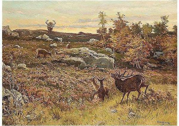 Stags Oil Painting by Charles Ferdinand De La Roche