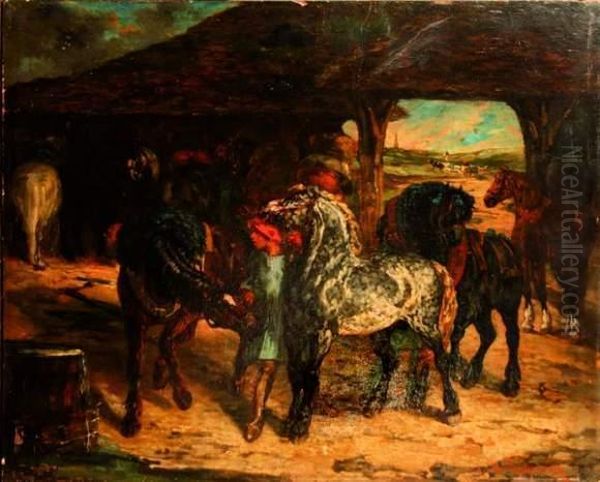 L'ecurie Oil Painting by Jules E. De La Rochenoire