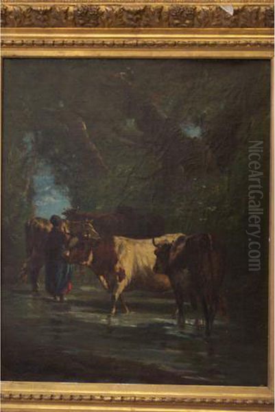 Vaches A La Riviere Oil Painting by Jules E. De La Rochenoire