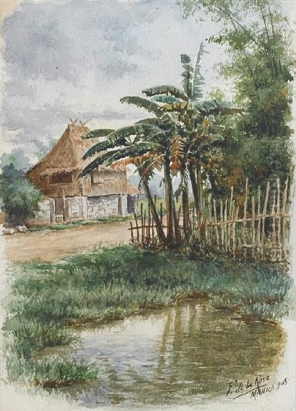 Filipino Landscape With Nipa Hut Oil Painting by Fabian De La Rosa