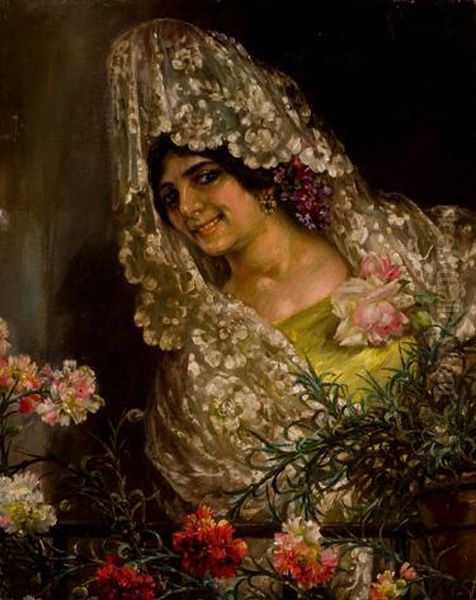 Mujer Con Mantilla En El Balcon Oil Painting by Manuel De La Rosa