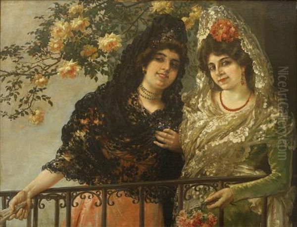 Sevillanas En Un Balcon Oil Painting by Manuel De La Rosa