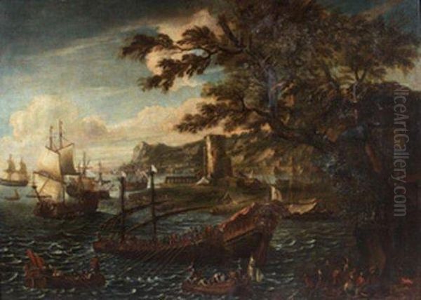 Navires Et Galeres Dans Un Port Mediterraneen. Oil Painting by Jean-Baptiste De La Rose