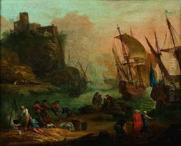 Navires Devant Un Rivage Cotier Anime De Pecheurs Oil Painting by Jean-Baptiste De La Rose