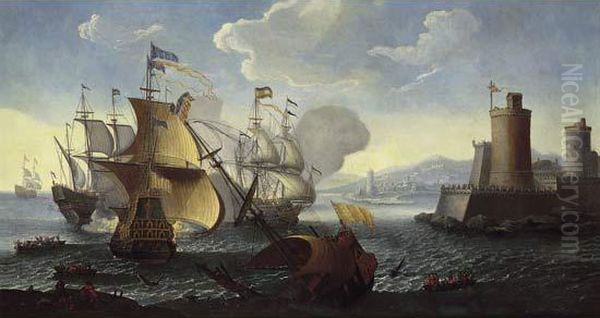 Bataille Navale Aux Abords D'un Port Fortifie Oil Painting by Jean-Baptiste De La Rose