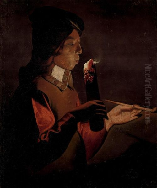 A Young Boy With A Pipe, Blowing On A Firebrand Oil Painting by Georges de La Tour