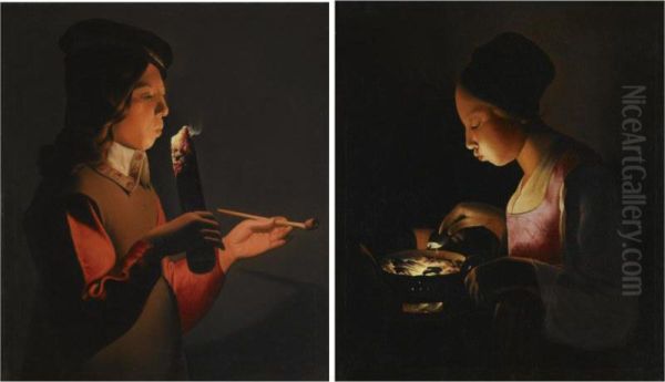 A Young Boy With A Pipe, Blowing On A Firebrand Oil Painting by Georges de La Tour