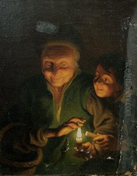 Elderly Woman And Child Lighting Candles Oil Painting by Georges de La Tour