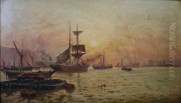 Shipping Scene On The Thames At Twilight by Charles John de Lacy