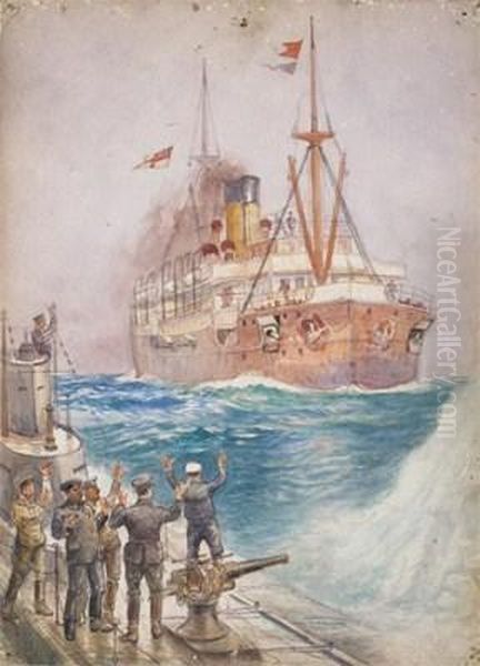 A German U Boat Surrendering To A British Mystery Ship Oil Painting by Charles John de Lacy