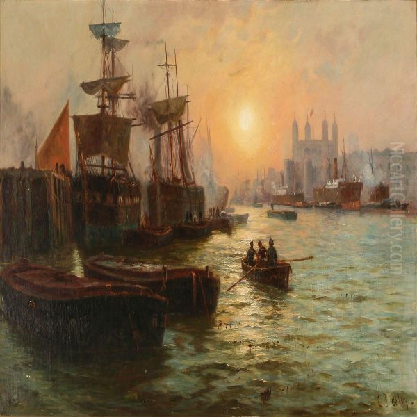 Harbour Scene From London In The Background Tower Oil Painting by Charles John de Lacy