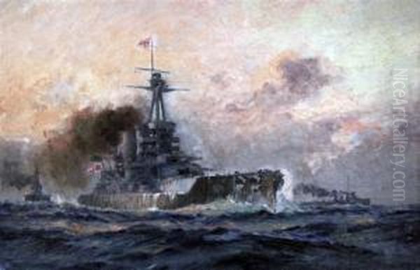 Hms Iron Duke, At The Battle Of Jutland, Admiral Lord Jellico'sflagship, Inscribed Verso With Title And 'by Charles De Lacy-artistto The Admiral' Oil Painting by Charles John de Lacy