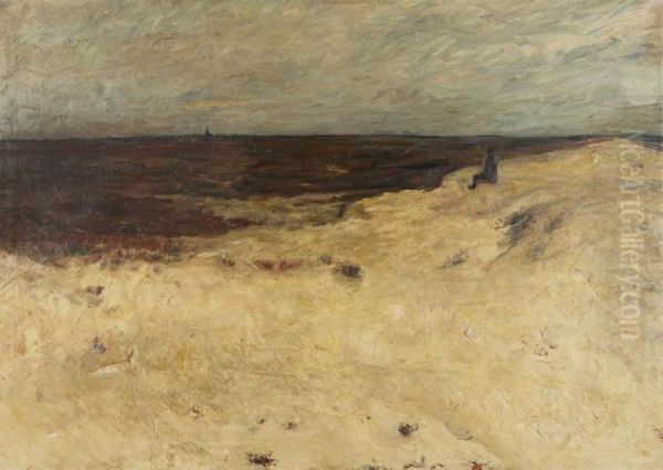 Man In The Dunes Near The Meadow With Village In The Distance Oil Painting by Alois De Laet