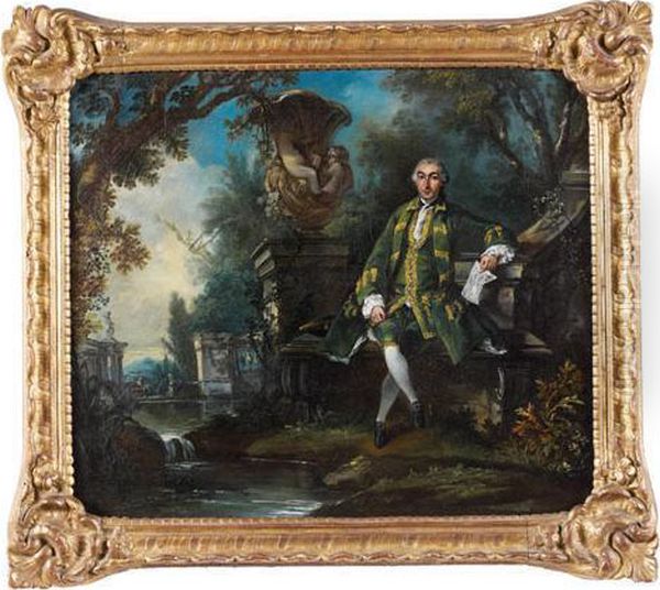 Portrait D'homme Tenant Une Partition Dans Un Paysage A La Fontaine Baroque Oil Painting by Jacques de Lajoue