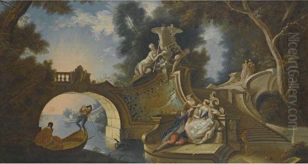 An Outdoor Scene With Elegant Figures Reclining On Riversidesteps Beside A Bridge Oil Painting by Jacques de Lajoue