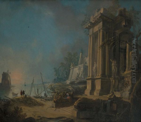 Paysage De Port Mediterraneen Oil Painting by Jacques de Lajoue