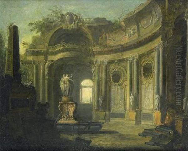 Architecture De Fantaisie A La Colonnade Et A La Fontaine Oil Painting by Jacques de Lajoue