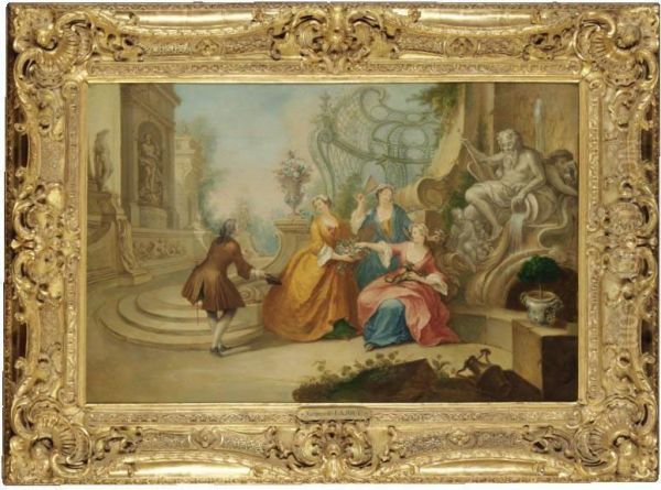 A Formal Garden With A Gentleman Presenting Himself To Three Ladies Oil Painting by Jacques de Lajoue