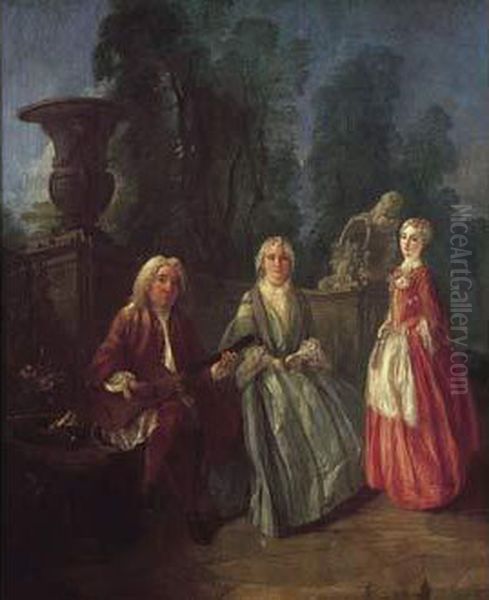 Portrait De Famille Dans Un Parc. Oil Painting by Jacques de Lajoue