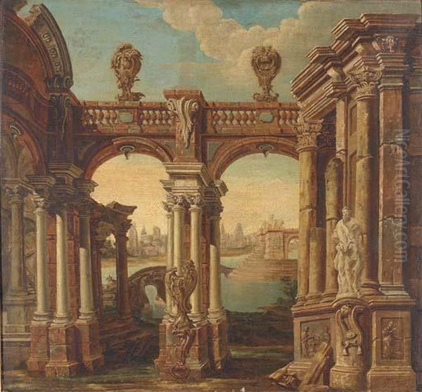 A Capriccio Of Classical Buildings With A Lake And A Townbeyond Oil Painting by Jacques de Lajoue