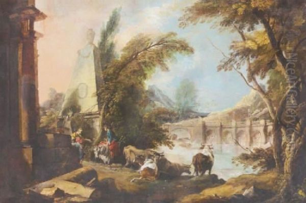 Paysage Pastoral Avec Un Obelisque Oil Painting by Jacques de Lajoue