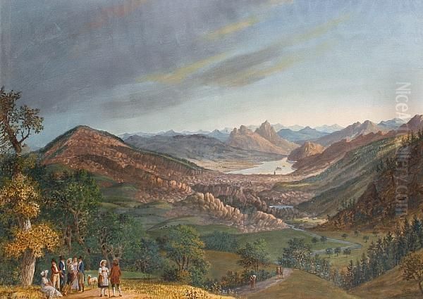 Walking Through A Swiss Landscape Oil Painting by Joseph De Landerset