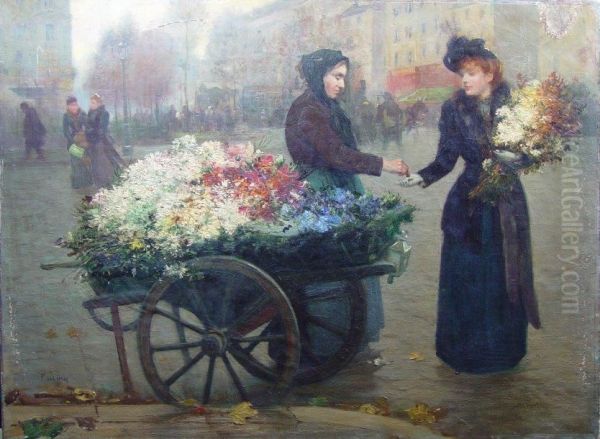 Marchande De Fleurs Devant La Fontaine De La Place Pigalle Oil Painting by Fernand de Launay