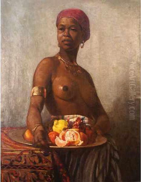 Africaine Au Plat De Fruits Oil Painting by Gaston De Lauverjat