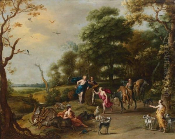 Le Retour De La Chasse De Diane Et De Sescompagnes Huile Sur Cuivre 70 Oil Painting by Geeraert De Lavallee